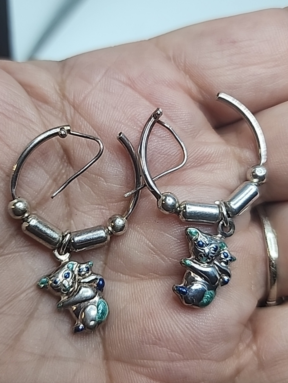 Vintage Sterling Silver Hoop Earrings W/Koala Bear & Baby